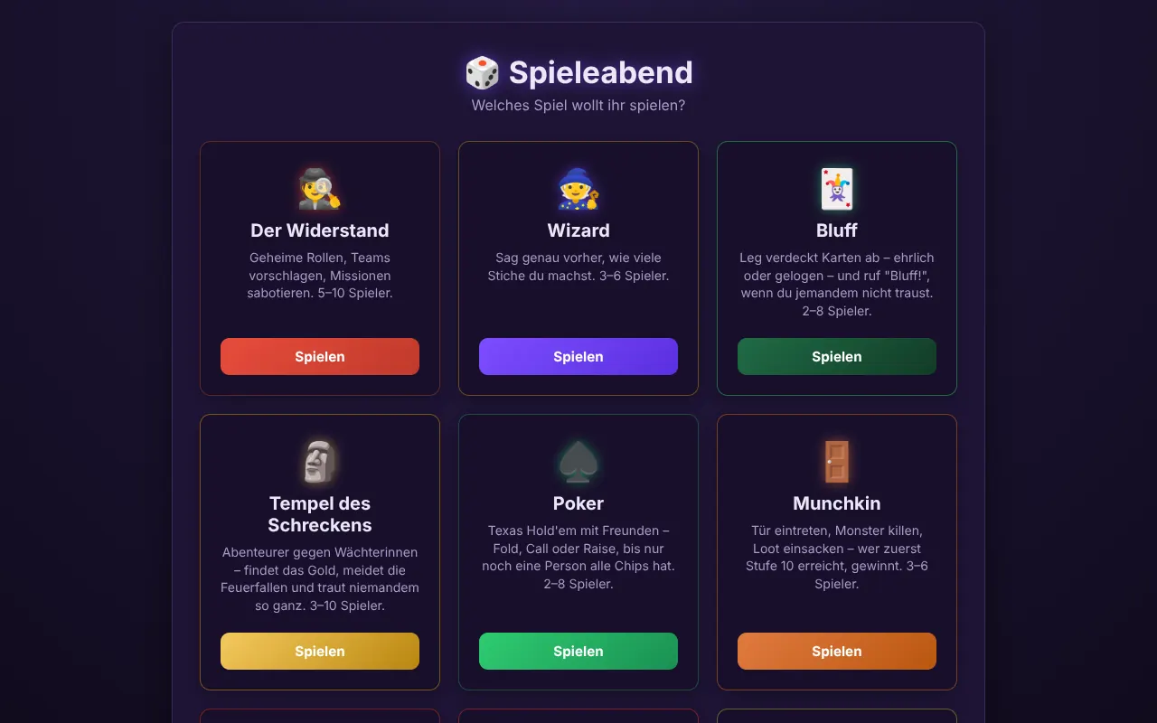 Spielehub: Startseite mit allen Spielen